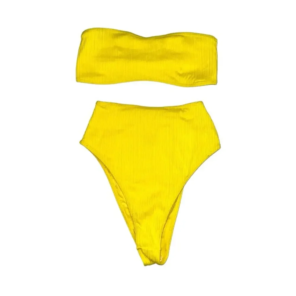 NWT Frankies Bikinis Jean Bandea and Anne Plisse Bottom Yellow Bikini Set XS